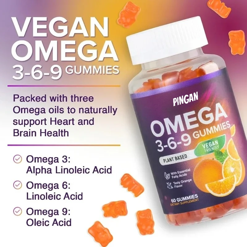 Omega 3 6 9 Gomitas Veganas - Sin OGM, Sabor Naranja -60 Gomitas