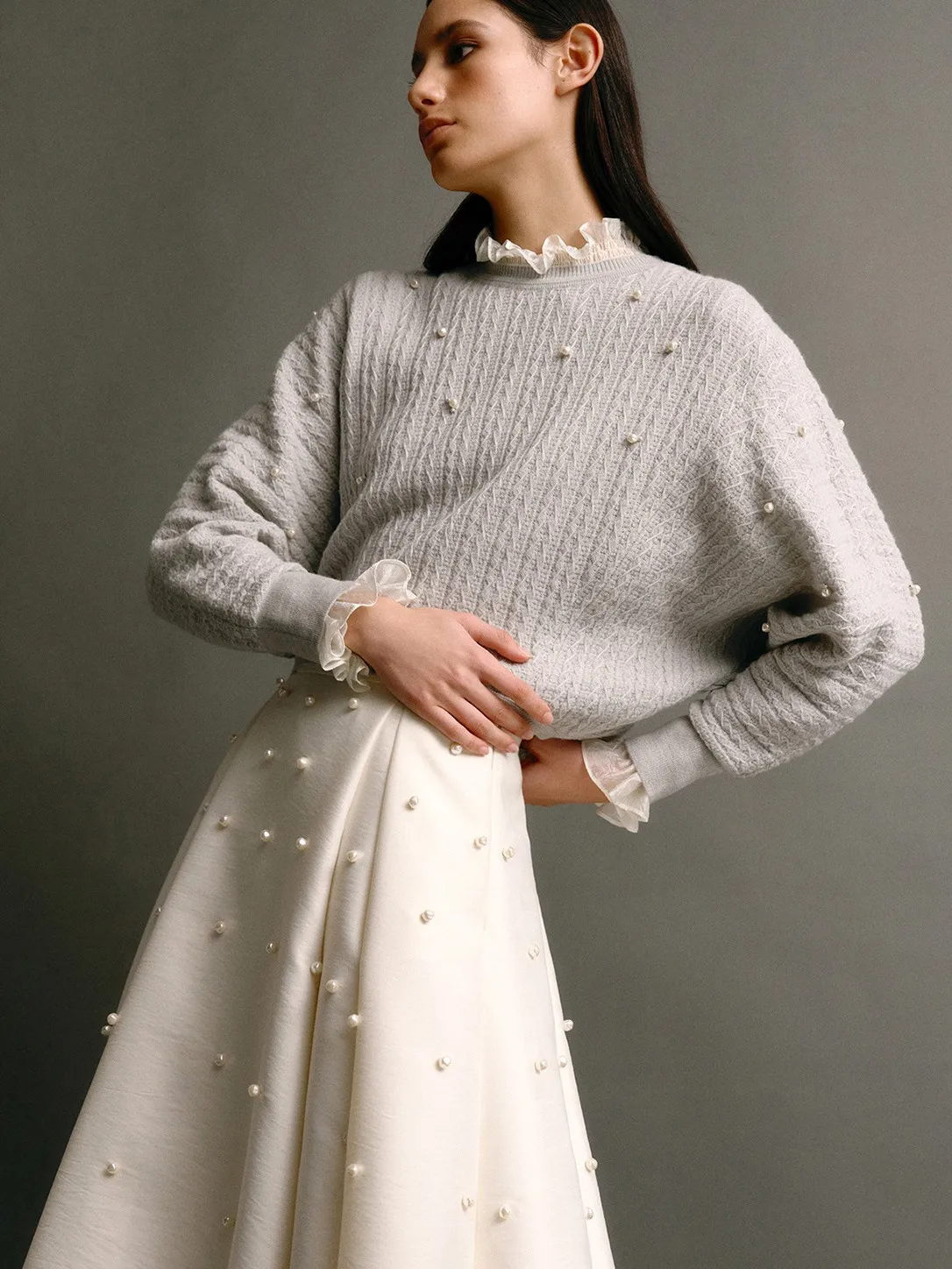 

MICOAT Gentle Pearl Knit Sweater Women's round Ne Batwing Sve Soft Winter Faion Casual Loose Fit Knitted Top