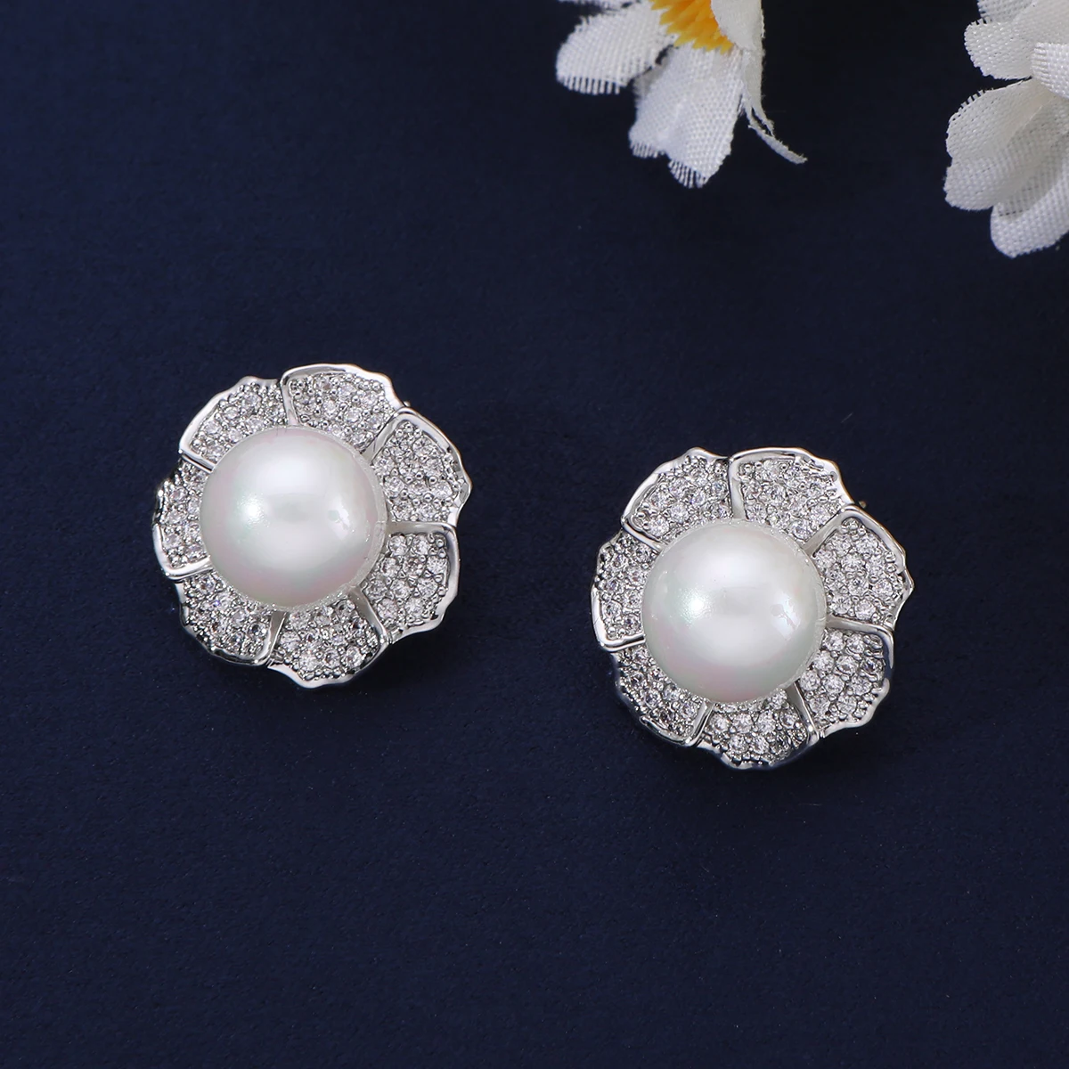 Floral Petal Pearl Center Stud Earrings, Full Pave Stone Flower Frame Statement Earrings For Daily Evening Party