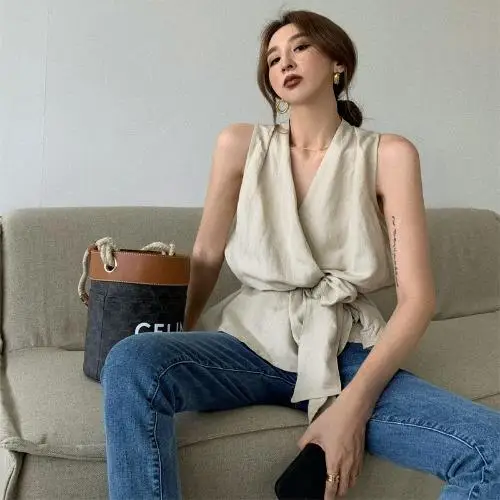 

Vintage Casual and Lazy Style Shirt Top for Women, New Summer Korean Version Waist-cinching Strapless Vest Top