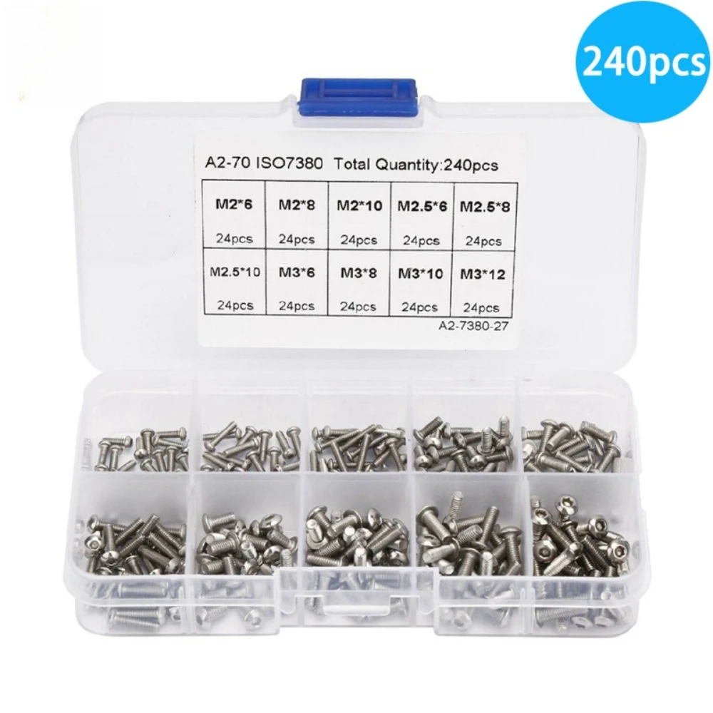 

240pcs Box 304 Stainless Steel Round Head Hexagon Socket Bolts and Screws M2 2.5M M3 Pipe Threads Bolts Hardware Fasteners