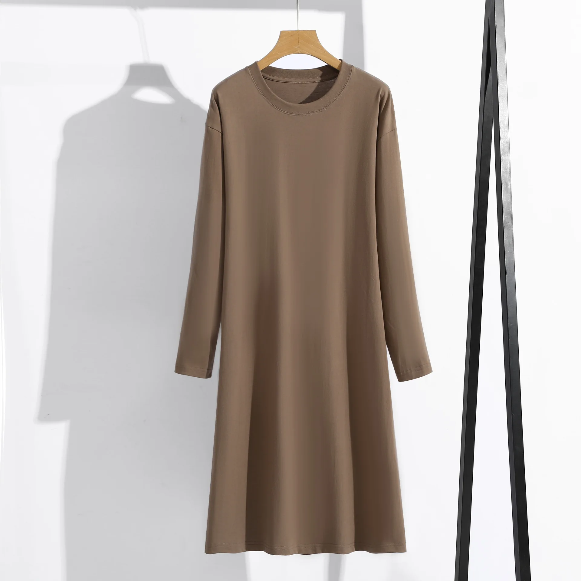 Pure Cotton 2023 New Solid Color Long-sleeved T-shirt Skirt Women's Medium and Long Loose Large Size Bottoming Shirt T-skirt