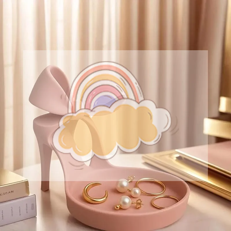 

Держатель для ювелирных изделий на высоком каблуке с 3D-печатью — элегантный поднос для украшений в форме обуви с украшением в виде банта, держателем для колец и функцией хранения