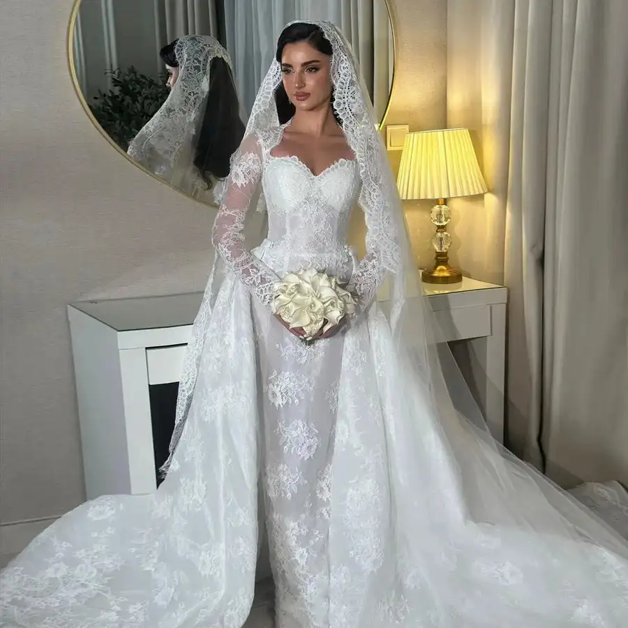 Vestido de Novia Romántico de Encaje Blanco con Mangas Largas, Vestido de Novia Musulmán con Cola Desmontable, Vestido de Noche Retro Personalizado
