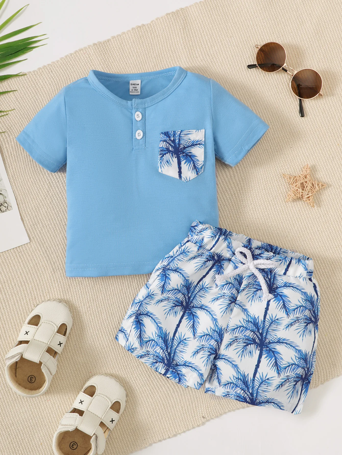 Summer Baby Boy Casual Suit Round Neck Short Sleeve Blue Top T-Shirt Beach Wind Coconut Print Pants Fashion Two-Piece Set