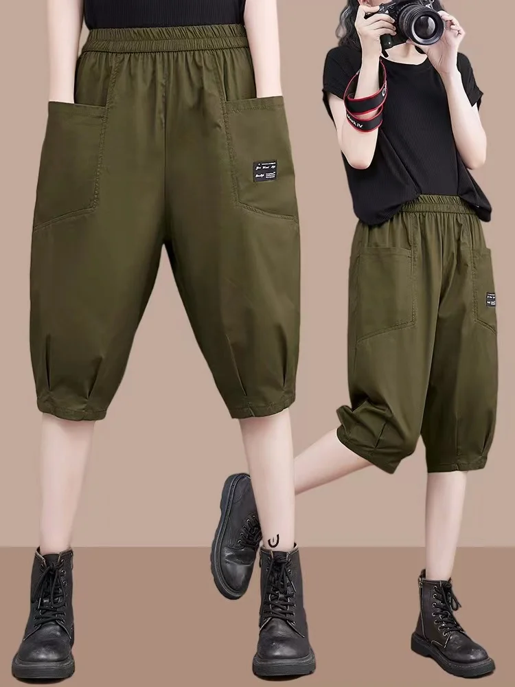 

Летние тонкие повседневные брюки-капри женские свободного кроя, эластичные, с большими карманами, с высокой талией, в стиле Harlan