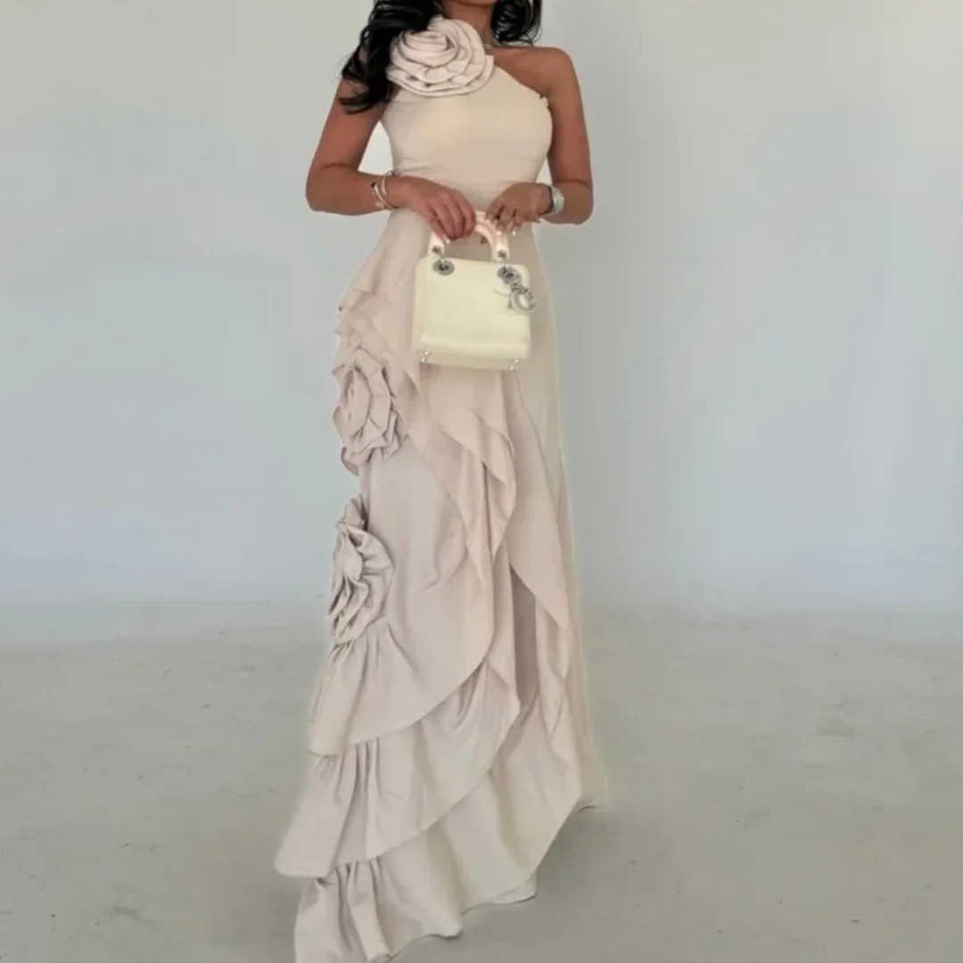 

Elegant White 3D Flowers Slanted Shoulders Multi-Layered Party Dresses Floor-Length Prom Dress 2025 Customized