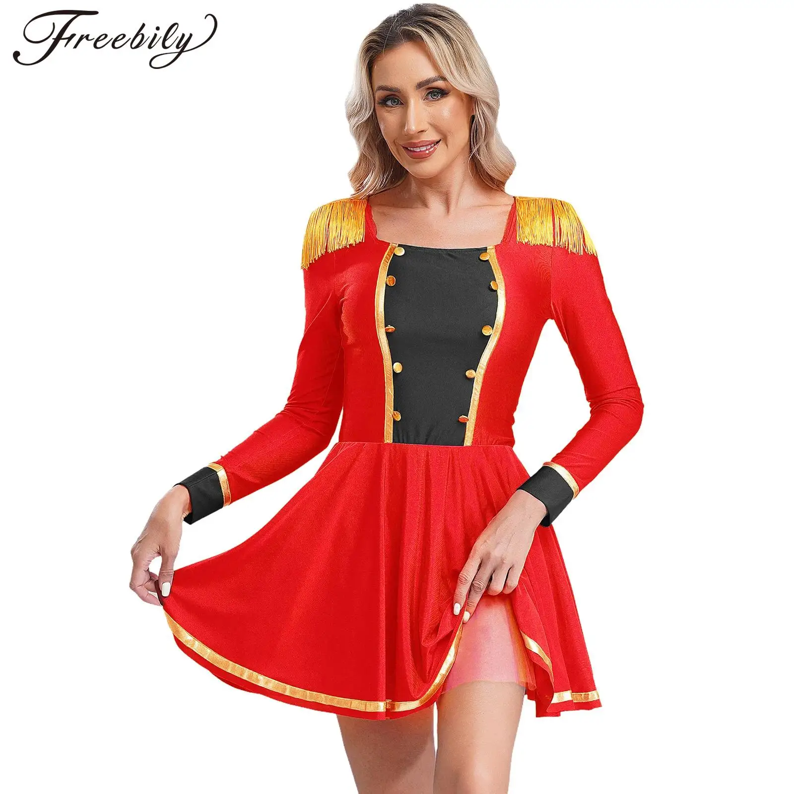 Women Halloween Carnival Circus Ringmaster Showman Magician Cosplay Performance Costume Long Sleeve Tassel Contrast Color Dress