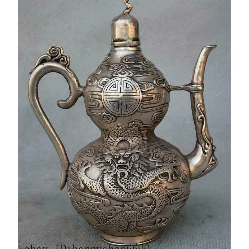 8inch Chinese Dynasty Silver Dragon Beast Auspicious Clouds Triquetrous Tadehagi Herb Kettle Pot Tea Cooker