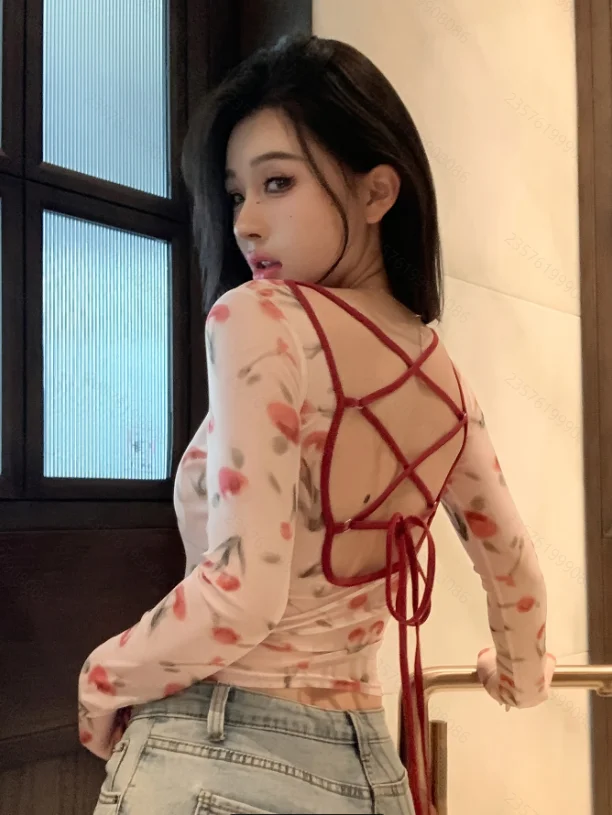 Vrouwen Blouse Shirt Nieuwe Lange Mouw O-hals Slanke Print Lace-up Blouse Shirt Vrouwen Tops Blouses Shirts Blusas Camisas Blusa Q1856