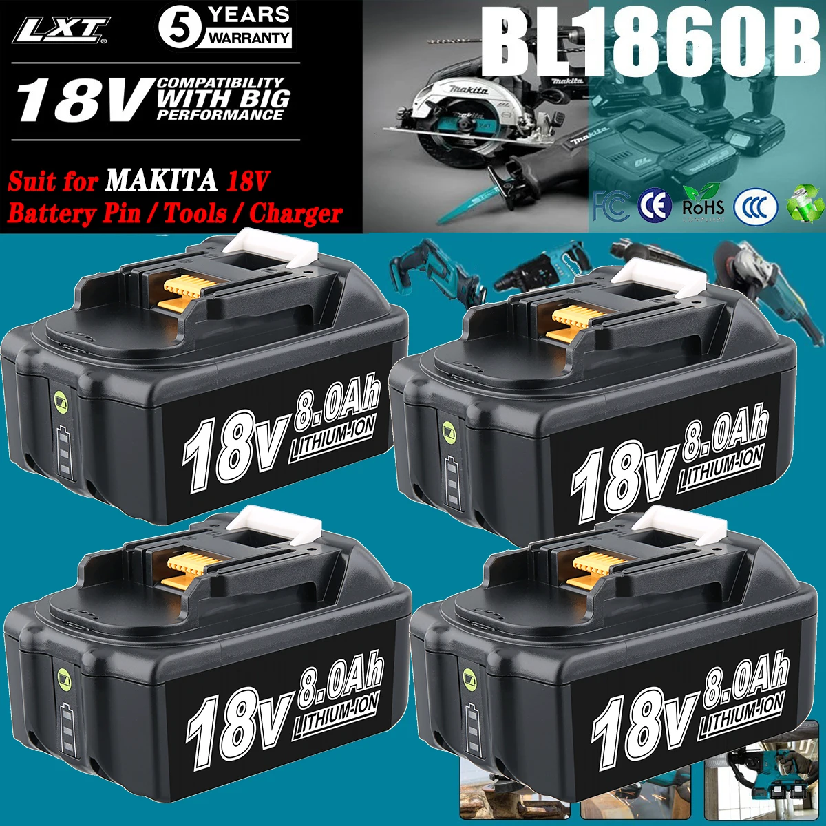 

1/2/4Pcs 8.0Ah BL1860B Replace for Makita 18V Li-on Battery Pin BL1890 BL1850 BL1815 BL1830 LXT400 Tools Drill Battery with LED