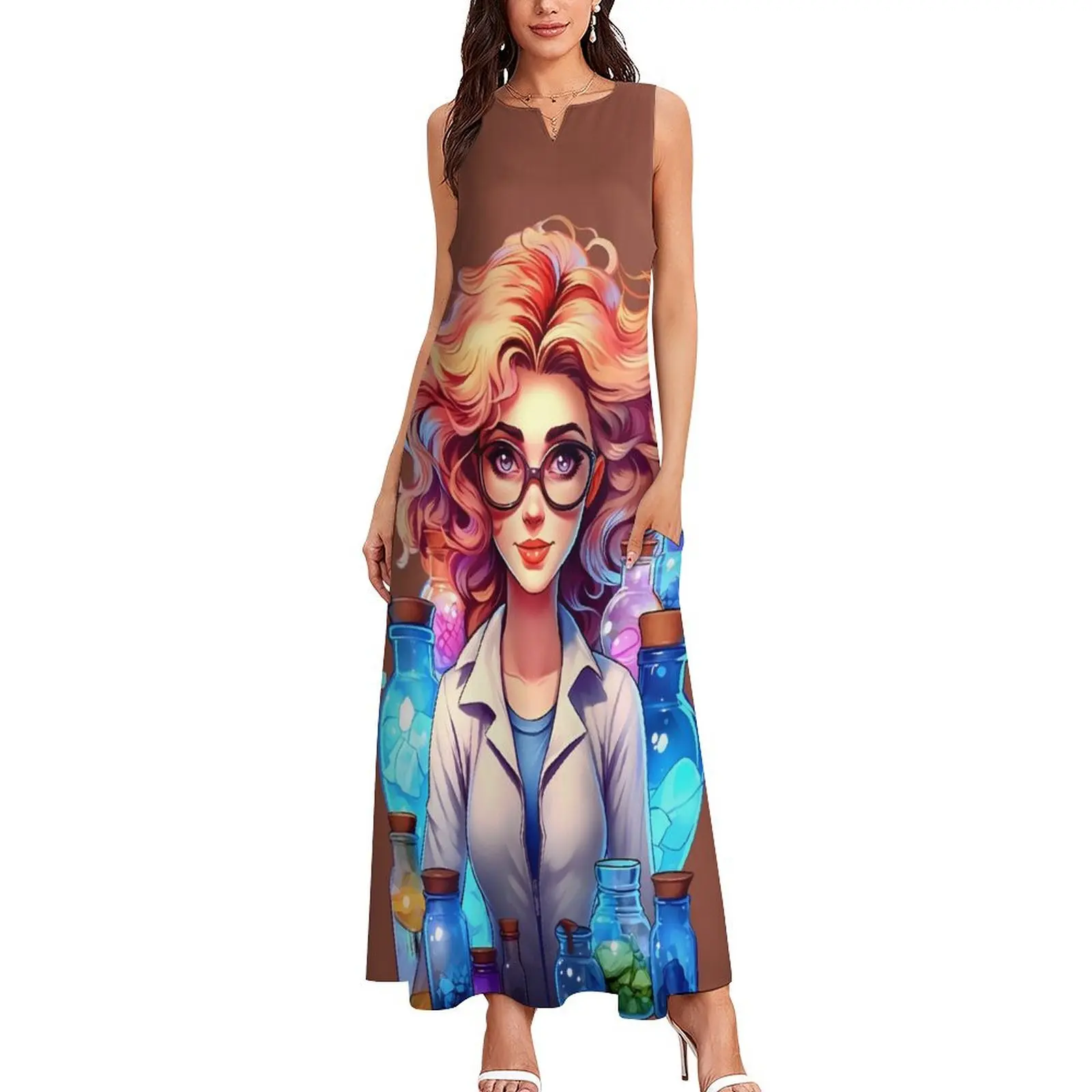 Character Lady Dress Cartoon Style Portrait Party Maxi Dress Aesthetic Bohemia Long Dresses Ladies Sleeveless Oversize Clothes