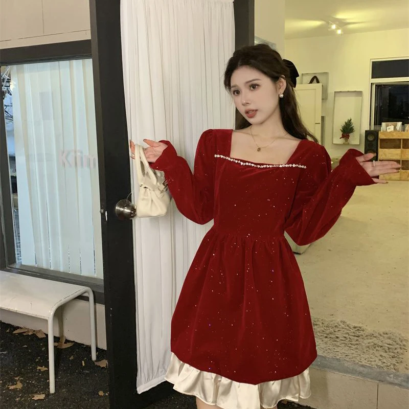 Christmas Party Evening Dress French Elegant Y2K Square Collar Bling Gown Spring Autumn Vintage Chic Warm Gothic Dresses Ladies