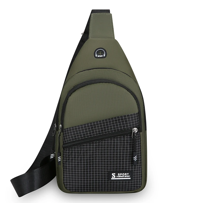 Plaid Splicing Sling Chest Bag, Multi‑Pocket Crossbody Pack With Earphone Hole for Outdoor Travel