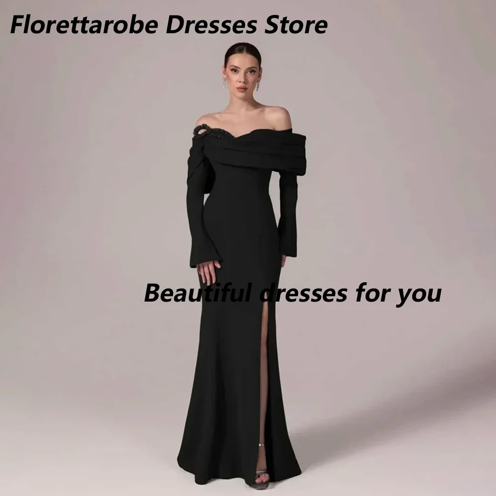 

Black Evening Dress Off The Shoulder Long Sleeves Beading Luxury Party Gown Elegant Slit Mermaid Long Prom Dress Customized