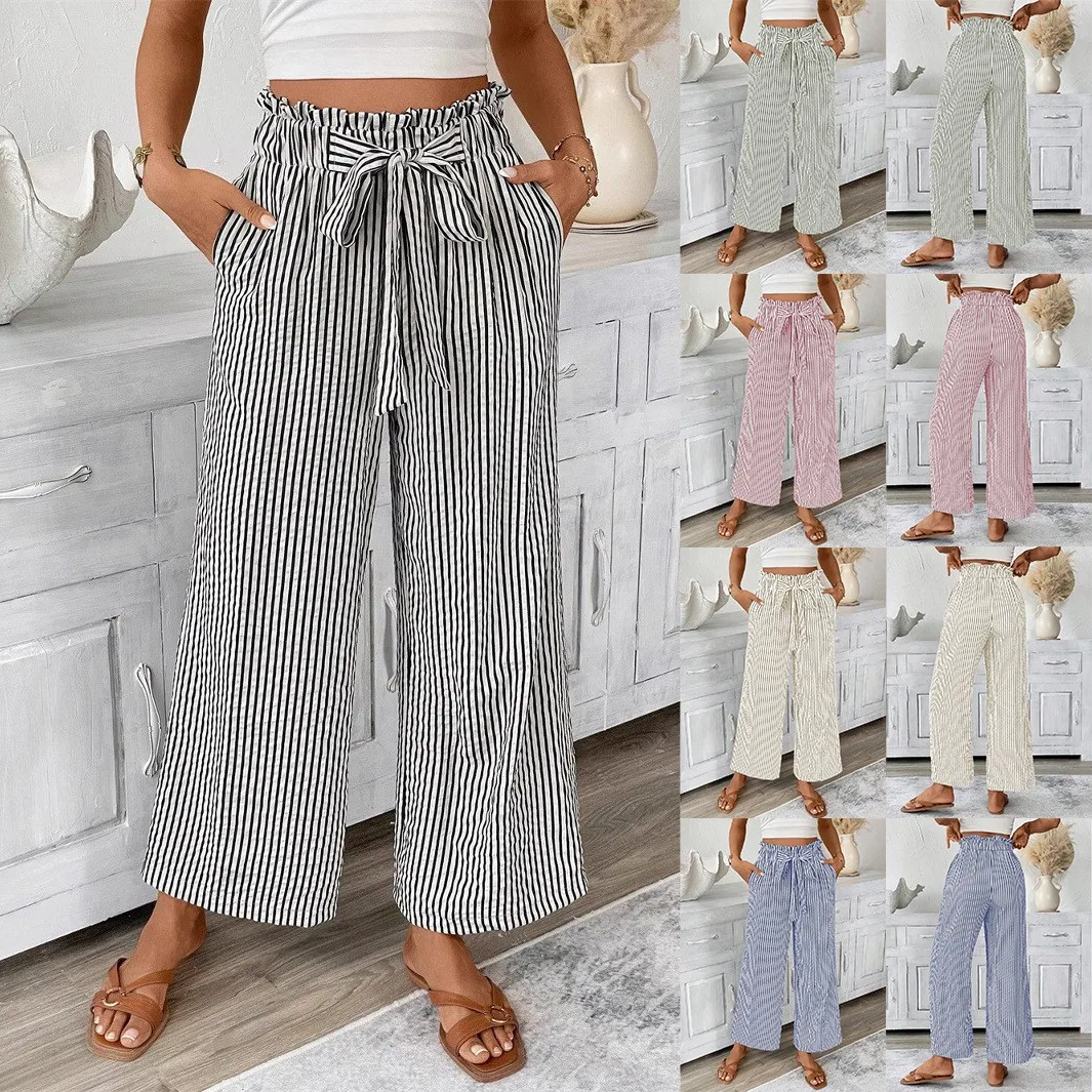 Sweet Fresh Pants Striped Loose Fit Trousers High Waist Paperbag Waist Casual Pants Cropped Black And White Straight Leg Pants