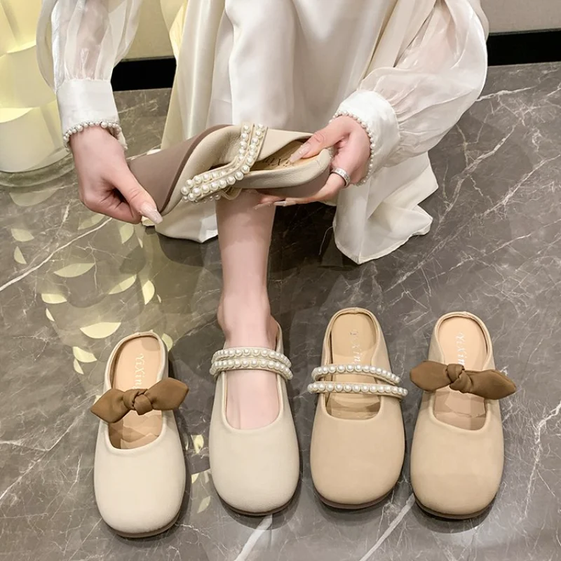 Fashion Bowknot Pearl Flat Bottom Baotou Half Slippers Women New 2024 Summer Shallow Mouth Mary Jane Single Shoes Casual Slides