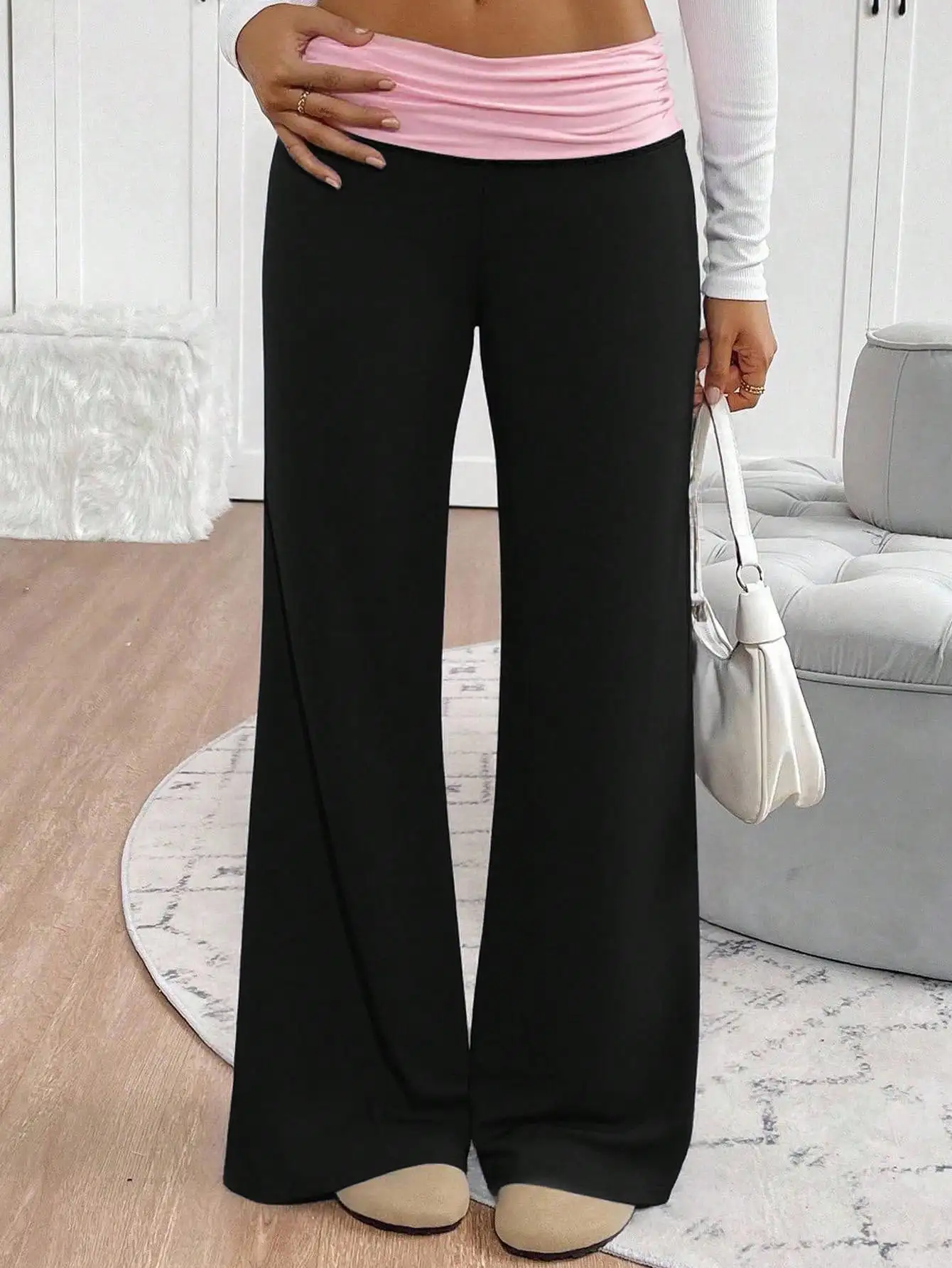 

Black Wide Leg Sweatpants with Foldover Waistband for Girls