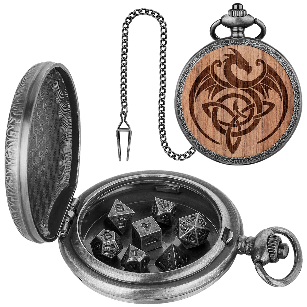 ミニサイコロセット付きメタルポケット時計ケース、時計ケース、レトロポケットチェーン、ドラゴンウッドの装飾、グレー、ブラック、ブロンズ、7個の刻印