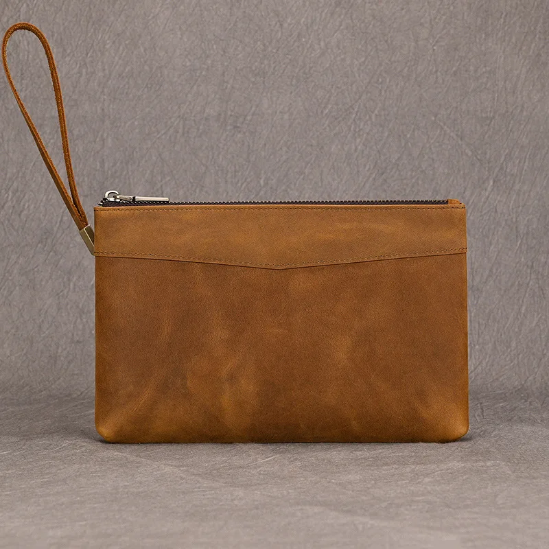 حقيبة يد مربعة خفيفة من جلد الحصان المجنون للرجال، محفظة طويلة ذات سعة كبيرة، حزام معصم مسطح للتخزين للأعمال القديمة #6