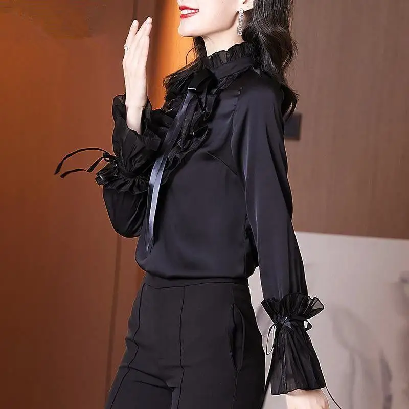 Chiffon Office Lady Thin Flare Sleeve Lace Half Height Collar Ruffled Patchwork Single Breasted Women Shirt Ribbon Bow Black