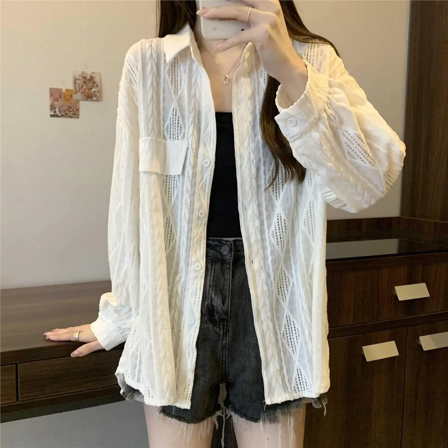 

Sun Protection Hollow out Long Sleeve Hook Flower Shirt Lazy Style Women's Business Casual Loose Fit Collar Button up