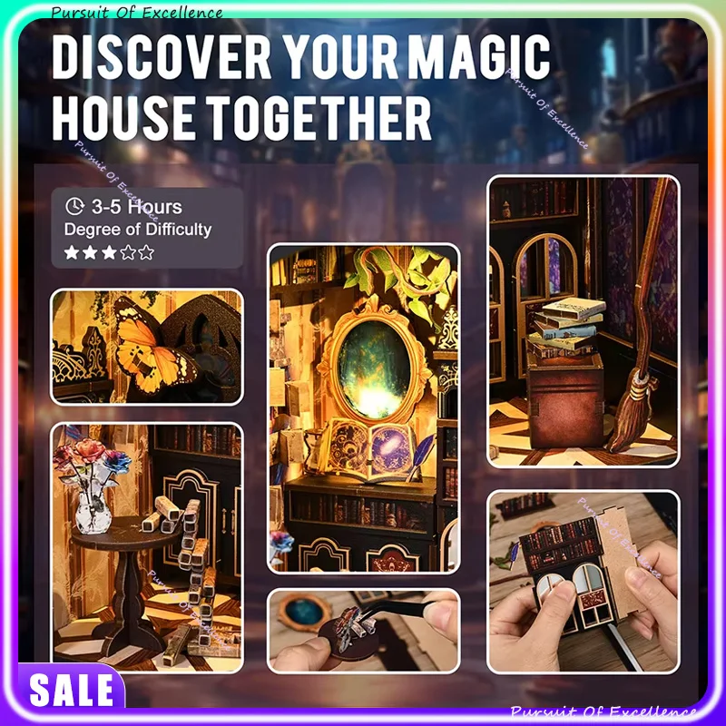 Kits de inserción de estante de rincón de libros Diy, Kit de modelo en miniatura de madera, sujetalibros Cyberrpunk, estantería ensamblada, decoración del hogar en caja