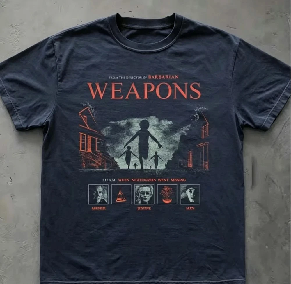 Horror Movie Poster and Retro Weapon Pattern T-shirt for All Four Seasons, New Dark Aesthetic Trend, Retro Unisex T-shirt