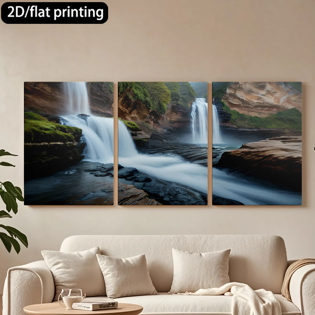 Pintura decorativa en lienzo con marco de madera de 3 piezas. Impresionantes cascadas gemelas, entorno exuberante. Decoración para pasillo y dormitorio.