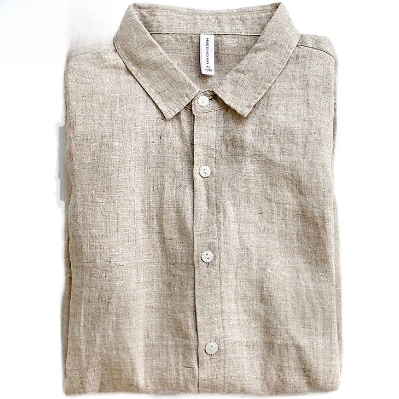 Pure Flax Long Sleeve Shirt Men's Slim Fit Breathable High-End Stand Collar Citywalk Summer Skin-friendly Lightweight Button up