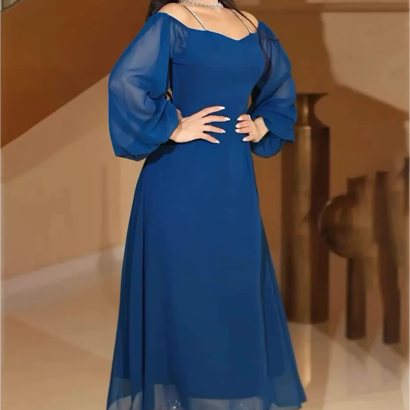 

Women Dress Sexy Long Party Dresses Off Shoulder Blue Summer Long Sleeve Elegant Splice High Waist Slim Prom A Line Vestidos