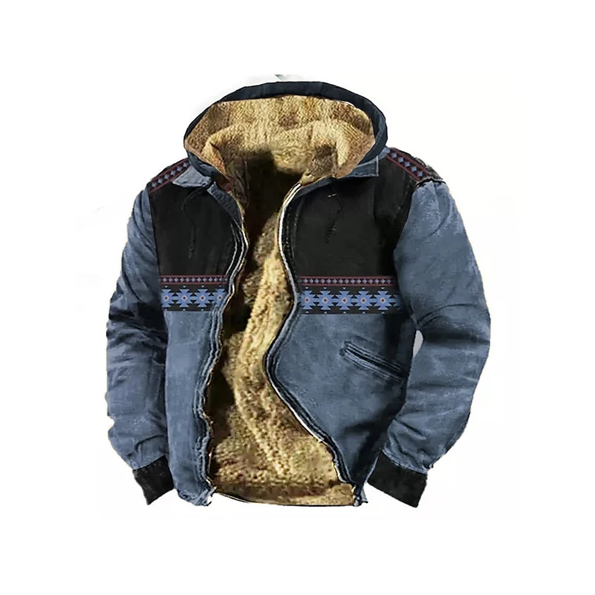 

Autumn Winter Men Zipper Hoodies Long Sleeve Fleece Hood Jackets Tribal Patchwork Print Casual Outerwear Sweatshirts Hooded