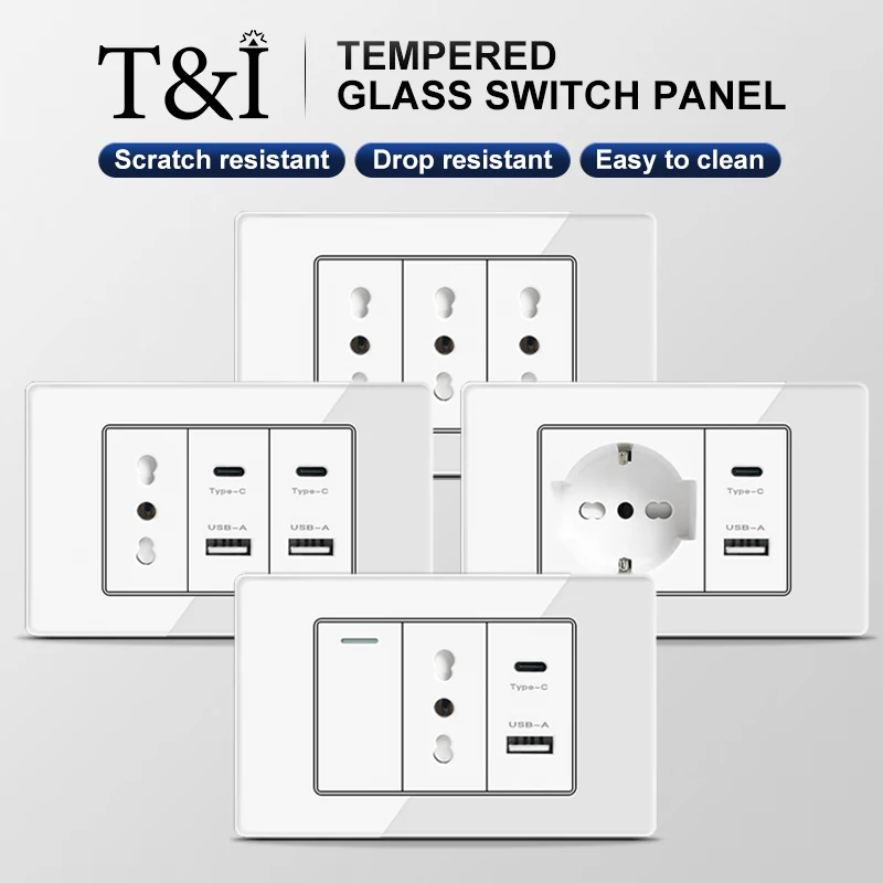 118x75mm Italia y Chile USB TypeC enchufe de pared de carga rápida Schuko Wifi interruptor inteligente Sat TV Tel, Panel de vidrio templado blanco para el hogar