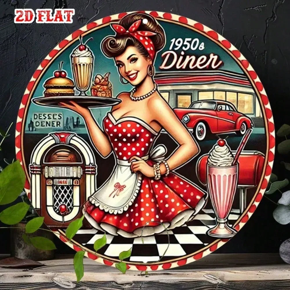 Vintage 2D Retro Pin Up Girl Milkshake Metal Tin Sign Wall Decor for Home Bar Cafe Garage