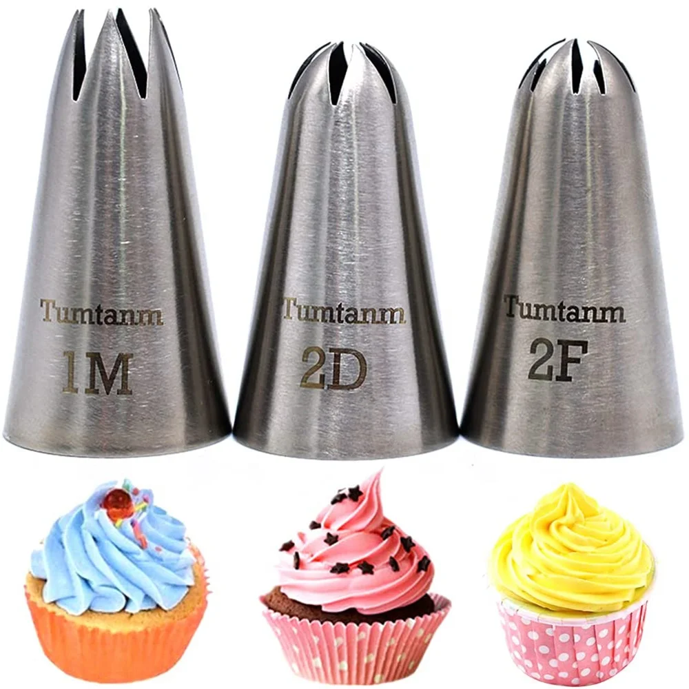 3PCS 1M 2D 2F Stainless Steel Large Pastry Nozzles Set Icing Piping Nozzle Bakeware Cake Decorating Tools