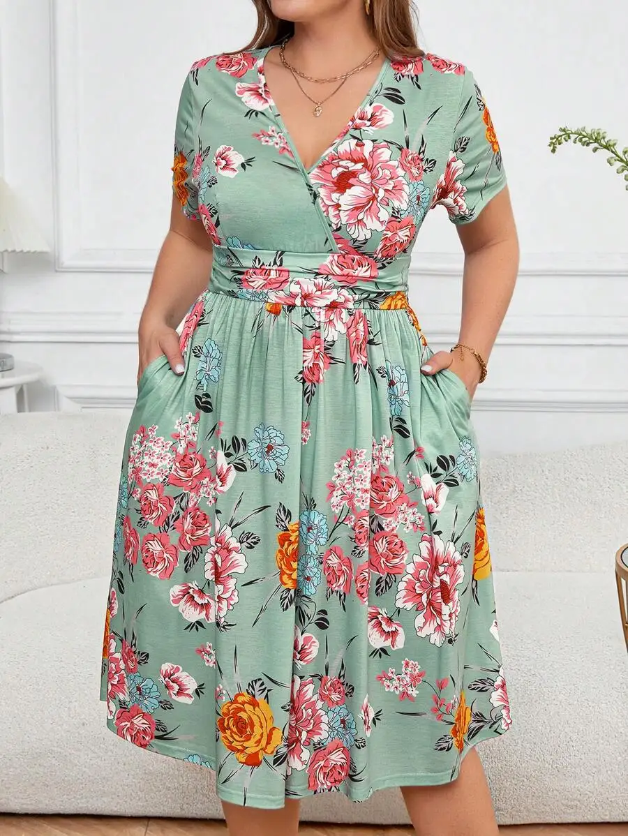 

Plus Size Women Wrap V Neck Cinched Waist Floral A-Line Dress With Pockets Summer Beach Boho