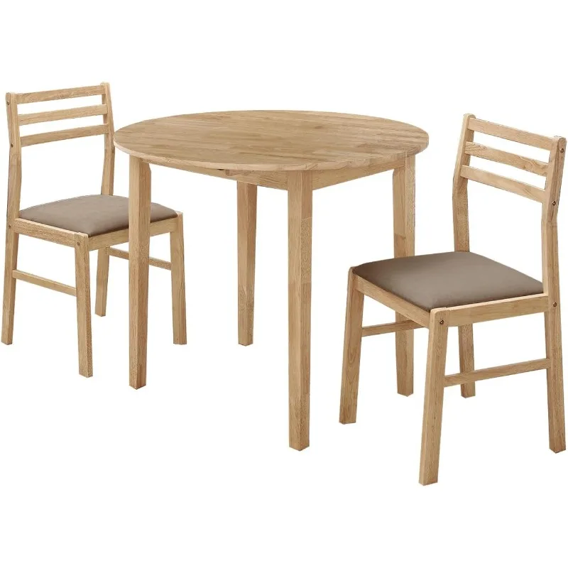 Ensemble de salle à manger en bois rond, extension de cuir chevelu goutte, chaises latérales à dossier en échelle, coussins de siège texturés, beige et naturel, 3 pièces