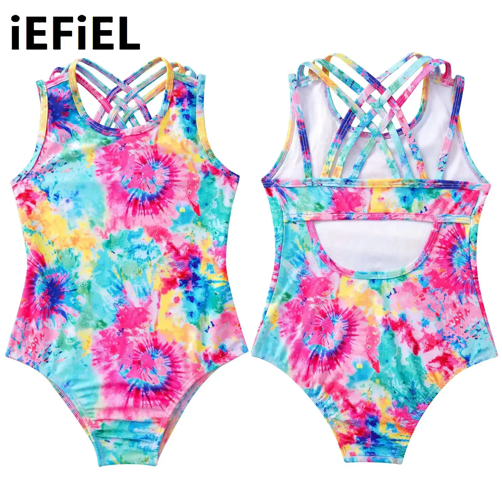 

Kids Print Swimsuits Girls Straps Cross Rear Keyhole Back Various Leotard Bodysuit Jumpsuit for Ballet Dance Gym Yoga