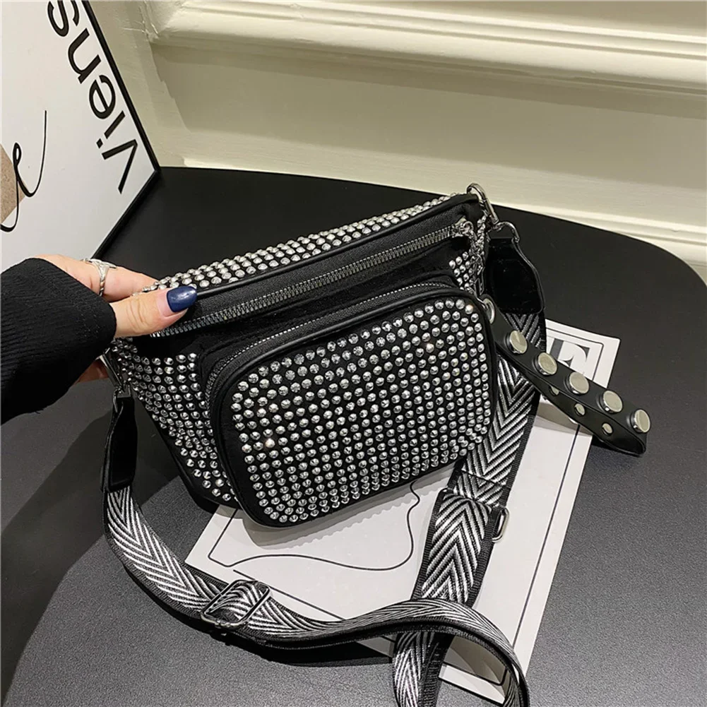 Fashion Exquisite Rhinestone Waist Belt Bag Women Chest Pack Shoulder Simple Crossbody Bag PU Leather Bling Fanny Duarable Pack