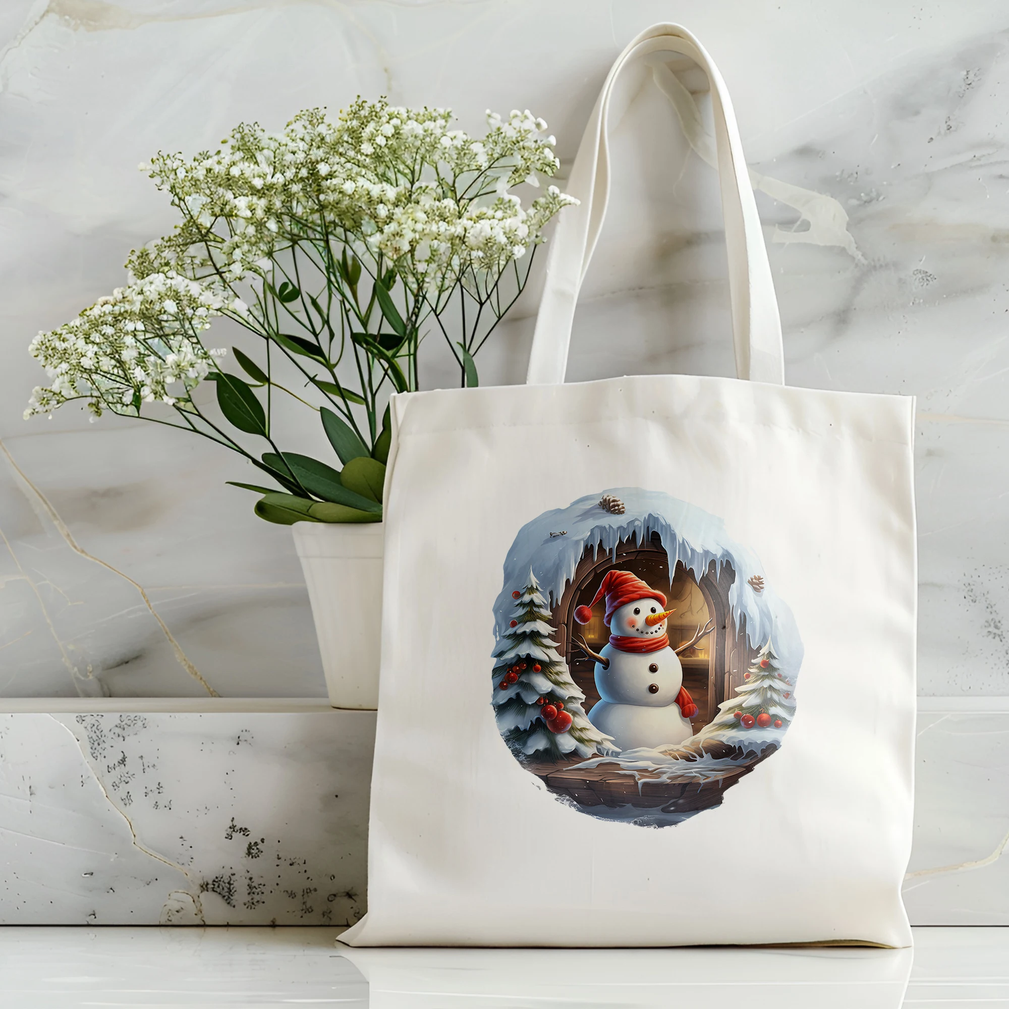 

Christmas Snowman in Tree Hole Canvas Shoulder Bag Canvas Handbag Eco friendly Shopping Bag Handbag Casual Handbag Daily Use