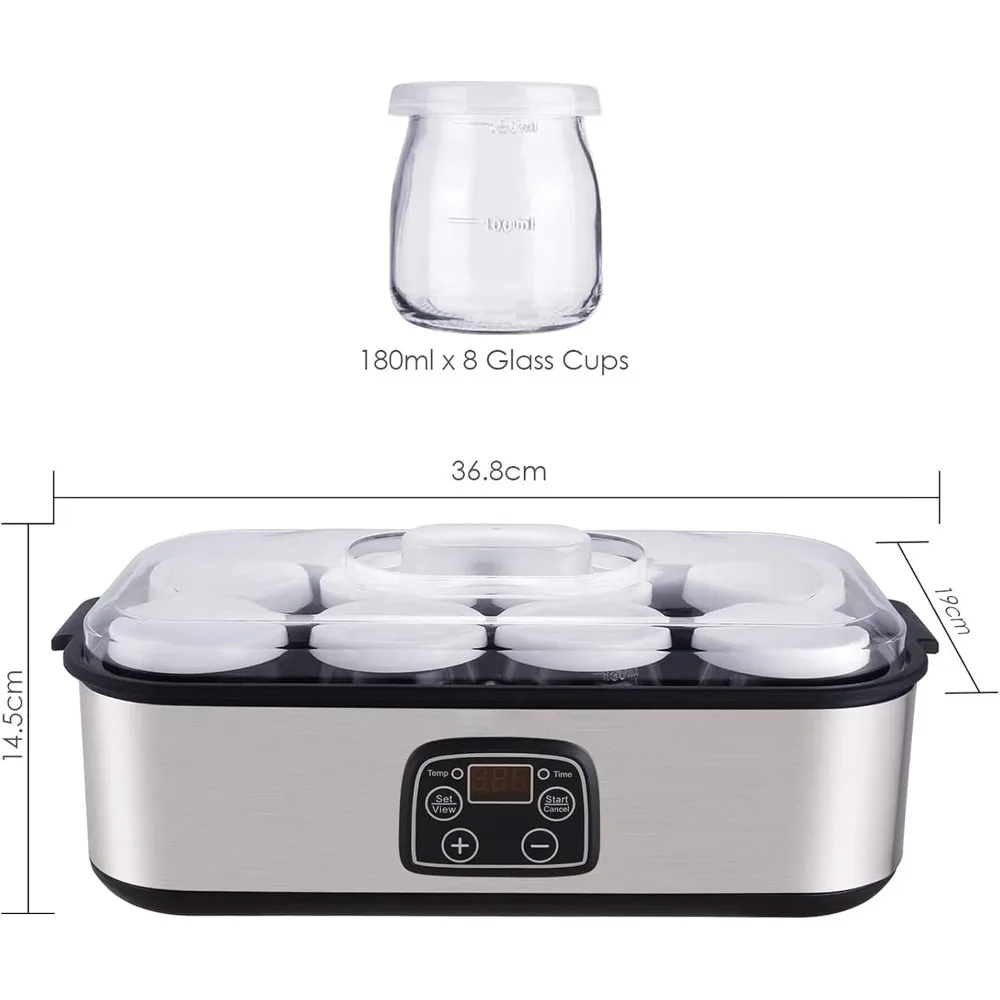 Йогуртница, автоматическая цифровая, с ЖК-дисплеем, 8 стеклянных банок 48 унций/с, дизайн из нержавеющей стали, автоматический контроль температуры