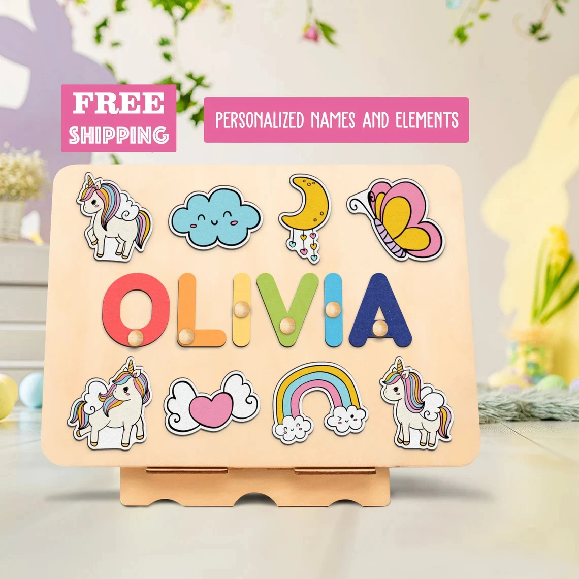 Unicorn Name Puzzle, First Christmas Gift for Girl, Wooden Name Puzzle, Personalized Birthday Gift for Kids