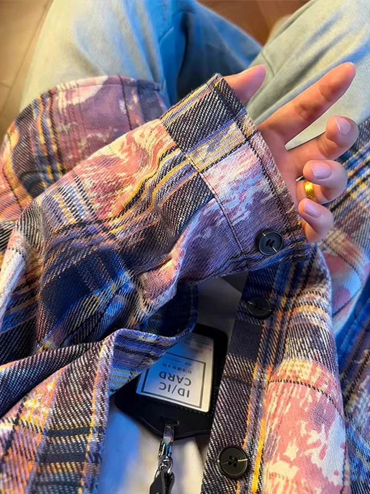 

American Dyed Purple Plaid Men's Long Sleeve Shirt Spring High Sensation Casual Open Cardigan Outerwear Loose Fit Comfortable...