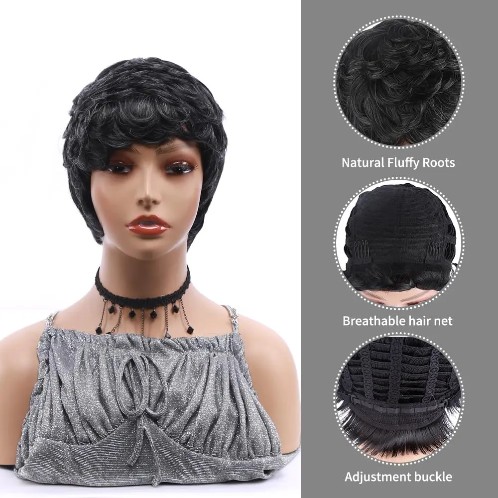 Short Pixie Cut Wigs for Black Women Grey Wigs for Women Black Mix Gray Short Synthetic Curly Hair Wig for Replacement Wigs