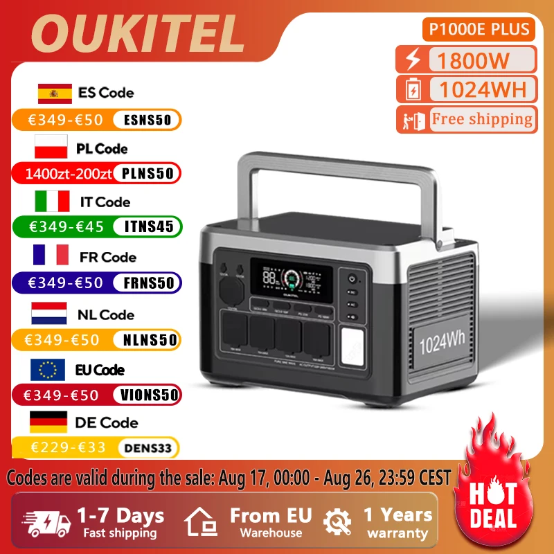 OUKITEL P1000 PLUS 1800W Przenośna Stacja Zasilania 1024Wh Bateria Lifepo4 Generator Solarny, Zasilanie Awaryjne do Domu, Kempingu na Zewnątrz, Mobilne Źródło Energii
