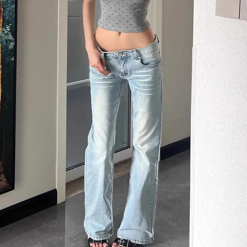2025 American Washed Blue Style New Spicy Girl Micro Flared Jeans for Women Look Slim, Low Waist Pants