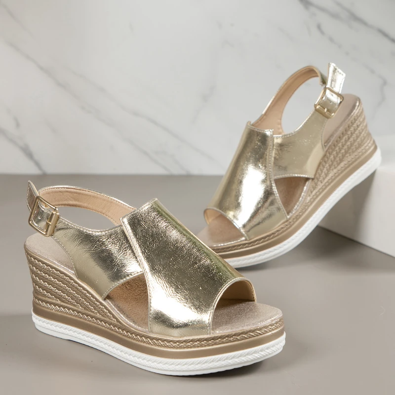 Women Gold Wedges Sandals 2023 Summer Hollow Out Chunky Platform Sandals Woman Peep Toe Sandals Plus Size 43 Sandalias Mujer