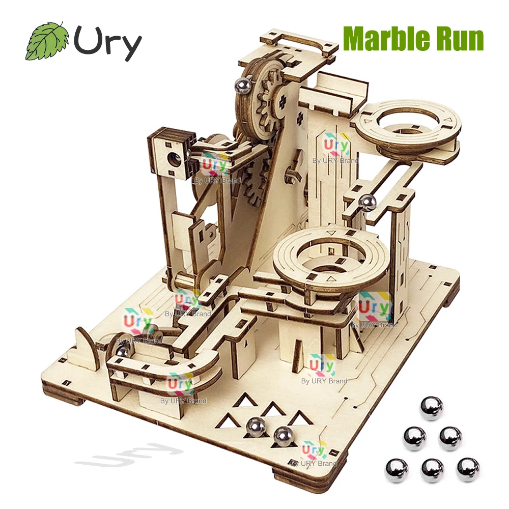 Ury 3D Wooden Puzzles Catapult Track Device Marble Run Set Mechanical Manual Model Science Maze Ball Assembly Toy Gift for Boys