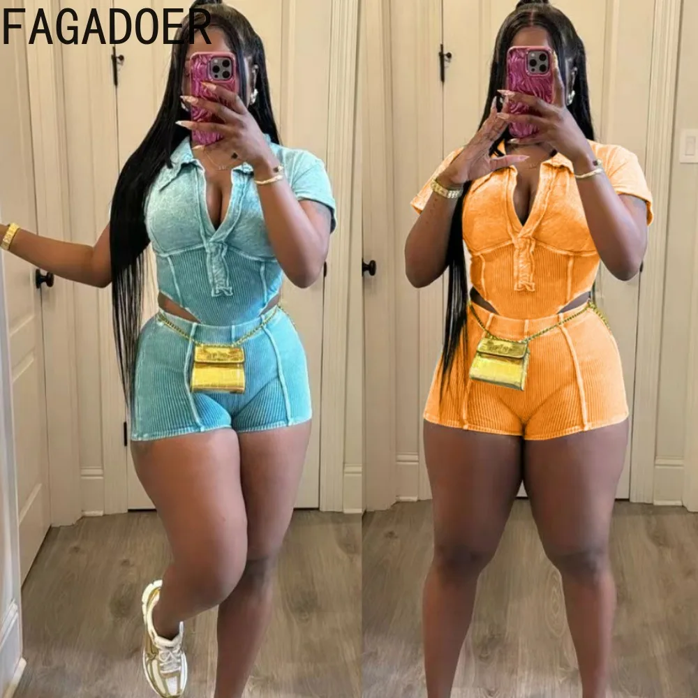 

FAGADOER Fashion High Quality Ribber Two Piece Sets Women Deep V Short Sleeve Crop Top And Shorts Outfits Female 2pcs Clothing