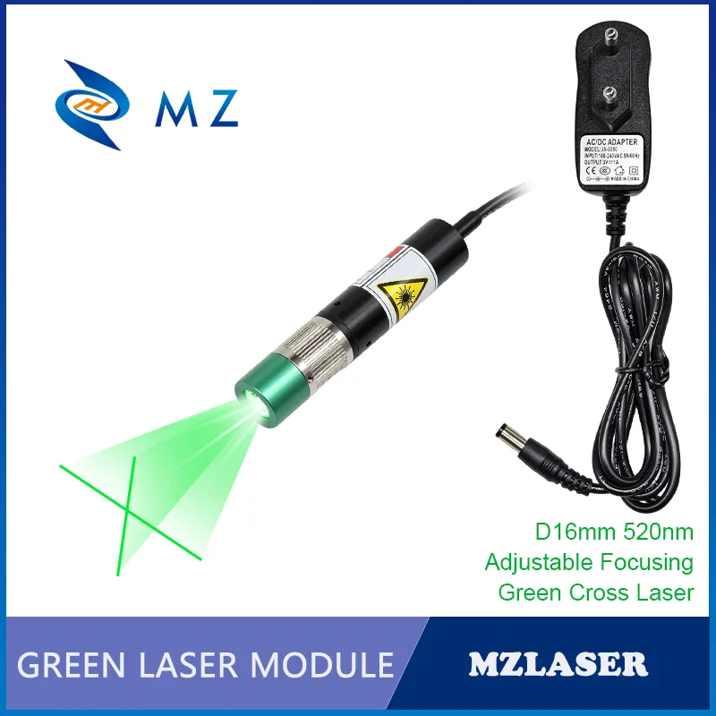 Adjustable Focusing Green Cross Laser Module D16mm 520nm 10mW 20mW 30mW 50mW 100mW 3V 5V 12V 24V for Woodworking with Adapter
